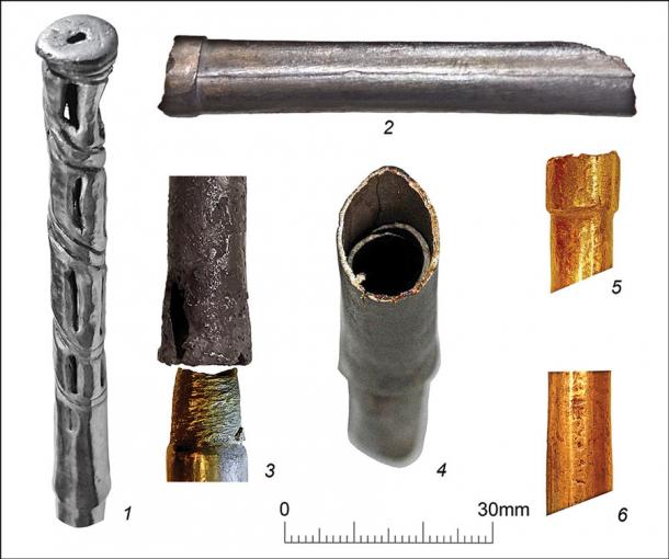 Components of the drinking straws discovered within the Maikop kurgan burial mound, including perforated tips, joints and fittings. (V. Trifonov / Antiquity)