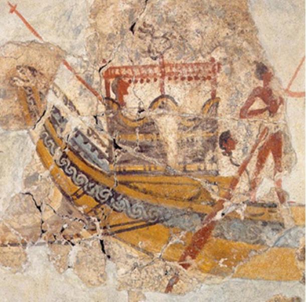 Cropped image of the procession fresco. Copper-bottomed Minoan hull? This is the only large ship in the procession fresco which is not white (40 oars).  It is also interesting to note that the frame of the captain’s cabin seems to have the same coloring. That suggests that composite reinforcement may also have been applied internally and/or to reinforce, make watertight, or join other structural components. It is also interesting that the artist paints the interior of the hull in blue, ignoring the ‘Egyptian’ drawing convention that show scenes in strict side or plan elevation, rather than perspective, it is as if the artist wants to record the Minoan technology as an advantage.  