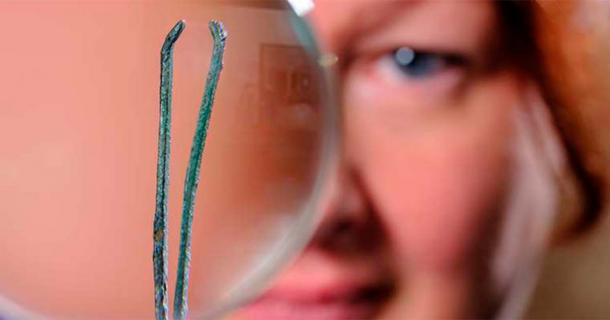 Curator examining a pair of Roman tweezers from Wroxeter City. (English Heritage)