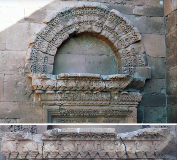 Decoration of the inner door of the southern iwan, with detail of the lintel, at the Temple of Allat in Hatra, Iraq. (Photograph courtesy of the Aliph-ISMEO project at Hatra / Antiquity Publications Ltd).