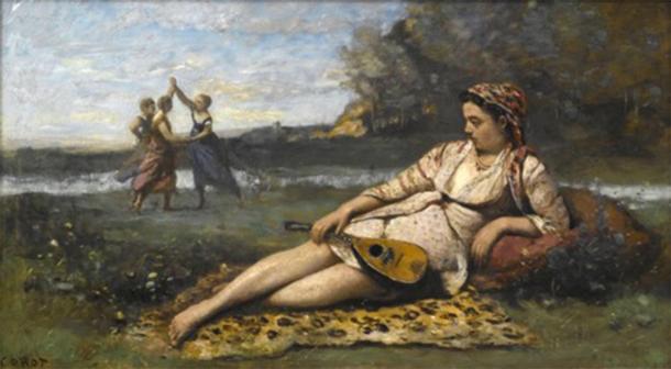 Descripción de mujeres espartanas jugando libremente al aire libre con la mujer en primer plano sosteniendo un instrumento que muestra su interés por la música y las artes. La historia de sus homólogas griegas puede ser diferente. (Jean-Baptiste Camille Corot / Dominio público)