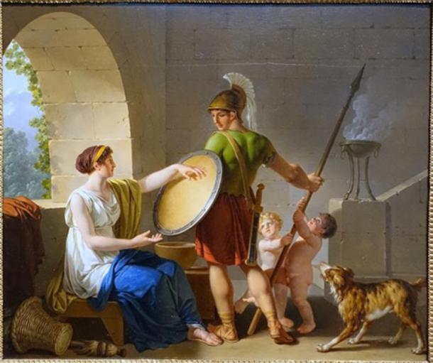 Depiction de femme spartiate donnant un bouclier à l'un de ses fils avant qu'il ne parte à la guerre, tout en s'occupant de ses autres enfants. (Daderot / Public domain)