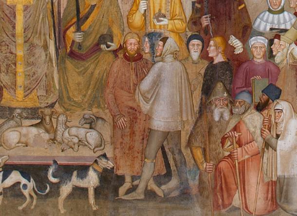 Detalle del fresco de Andrea di Bonaiuto 'El camino de la salvación / La Iglesia militante y la Iglesia triunfante', c.  1365-1368.  Las figuras del centro son identificadas por Jacques Paviot como un caballero inglés de la Jarretera hablando con un mongol.  (Dominio publico)