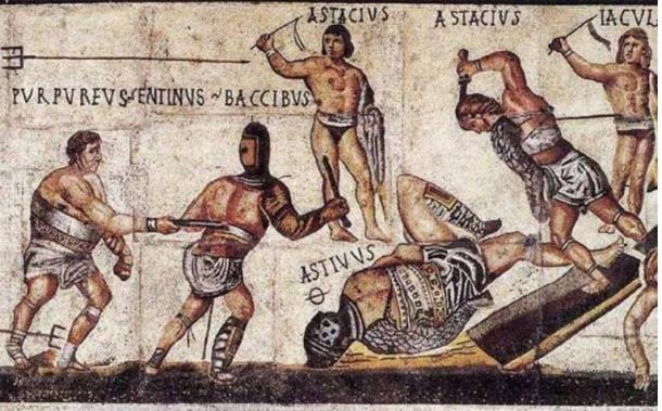 Detail of mosaic depicting gladiators, Villa Borghese. Spartacus is said to have attended gladiatorial training school. (Public Domain)