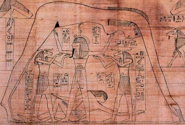 Detail from the Greenfield Papyrus (the Book of the Dead of Nesitanebtashru). It depicts the air god Shu, assisted by the ram-headed Heh deities, supporting the sky goddess Nut as the earth god Geb reclines beneath. (Public Domain)