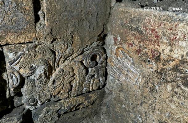 Details from the site show evidence that Aztec stone and reliefs were used to make new Spanish walls