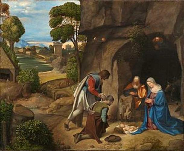 ¿María dio a luz en una cueva?  Giorgione Adoración de los pastores, Galería Nacional de Arte.