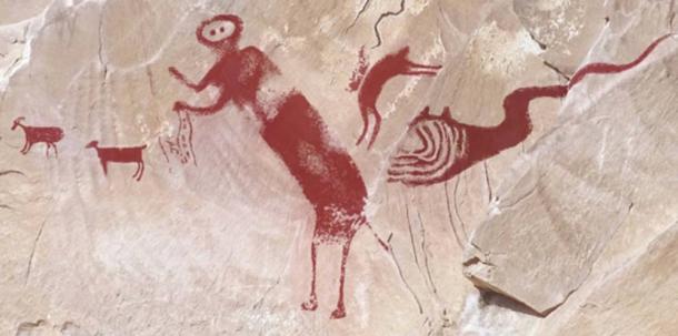The researchers compiled Dstretch images to show the pictograph with five distinct figures. (Image by Jean-Loïc Le Quellec, Paul Bahn and Marvin Rowe in the journal Antiquity)