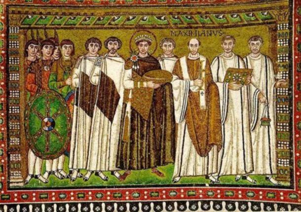 Emperor Justinian is depicted in the center with a halo around his head in this mosaic from Ravenna, Italy. (Michleb/CC BY SA 3.0)