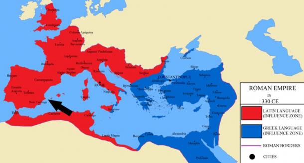 The Roman Empire in 330 AD. The location of the find is marked with an arrow (Doll91939 / CC BY-SA 4.0)