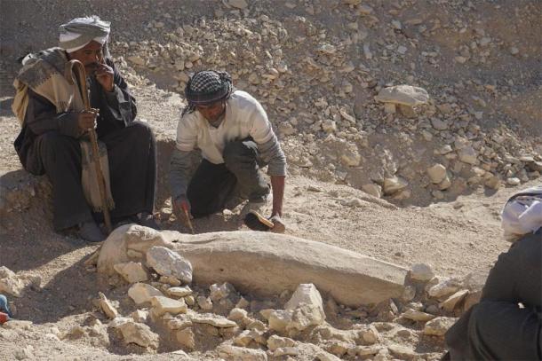 Examinando el ataúd en el sitio de Dra Abu el-Naga en Luxor, Egipto. (CSIC)