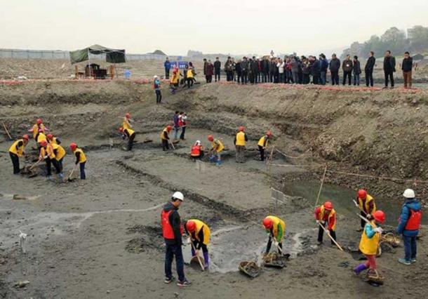 Excavating the site where the treasure was found in Sichuan, China. 