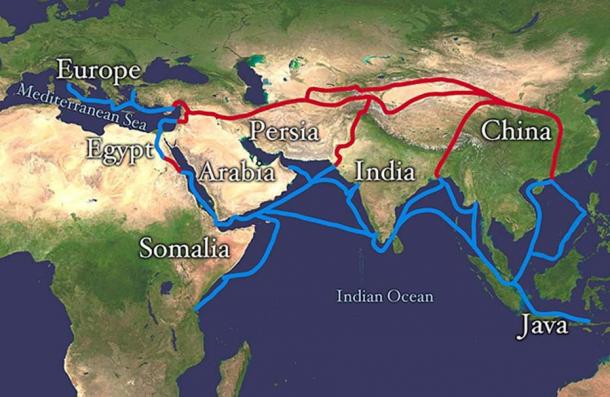 Extent of Silk Route/Silk Road. Red is land route and the blue is the sea/water route, which also had its dangers. (Public Domain)