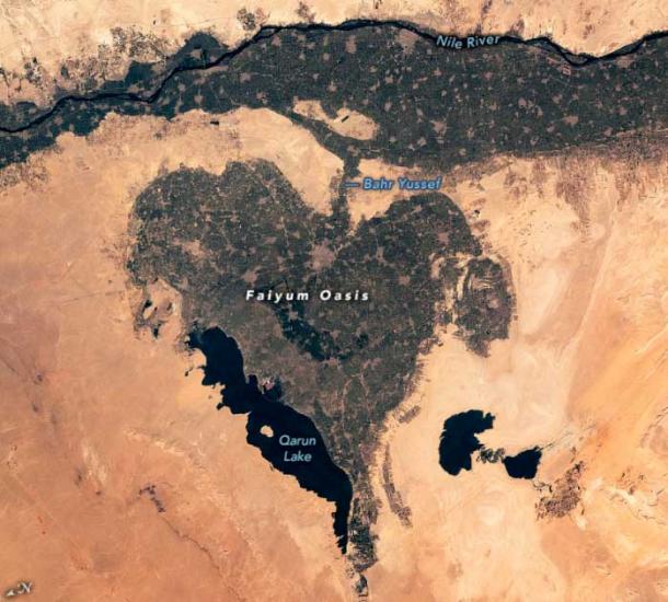 The Faiyum Oasis area of Egypt has supported human life for more than 8,000 years. (NASA Earth Observatory)