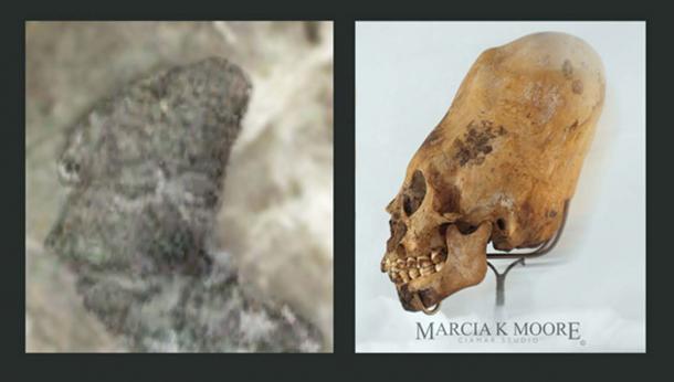 Figure 3(a) (left) – a strange, almost alien-like humanoid, similar to the elongated skull shown in Figure 3(b) (right). (Author provided) The photograph of the elongated skull, Fig. 3(b) is reproduced with the kind permission of Fine Arts and Facial Reconstruction Artist, Marcia K Moore, Ciamar Studio, USA. Her skeletal silhouette is used as a comparison piece with the unique sculpture discovered on Mariambo Island, Figure 3(a).