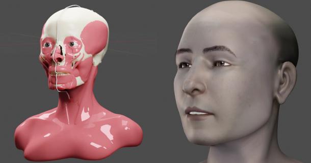 Left: Forensic facial structure of the Swiss mummy according to the Manchester method in which the facial muscles are modelled, fat pads and skin according to the previously determined soft tissue thickness at defined anatomical points. Right: The first simulation of the face of the Swiss mummy. (FAPAB Research Center / Cicero Moraes)