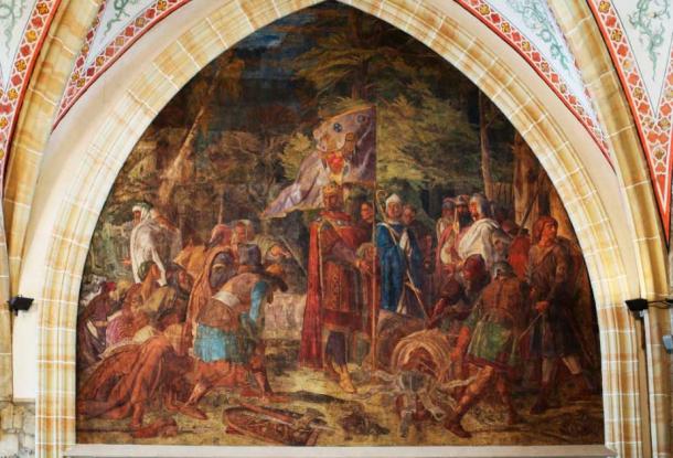 Fresco at the Gothic Aachen Rathaus, Interior of Coronation Hall. Titled: "Demolition of Irminsul, the old Saxon great pillar" (HOWI / CC BY SA 3.0)
