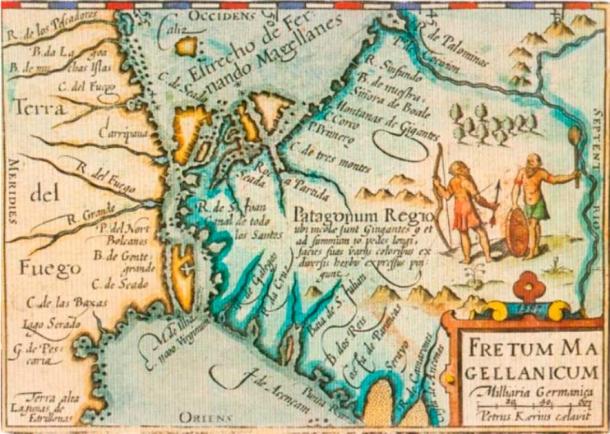 Fretum Magellanicum. A map of Patagonia by Petrus Bertius of 1606 where it was consignated the Patagonum Regio (“Kingdom of the Patagones”) and the Montañas de Gigantes (“Mountains of Giants”) as well as the illustration two bearded giants with bows and arrows. (Author Provided)