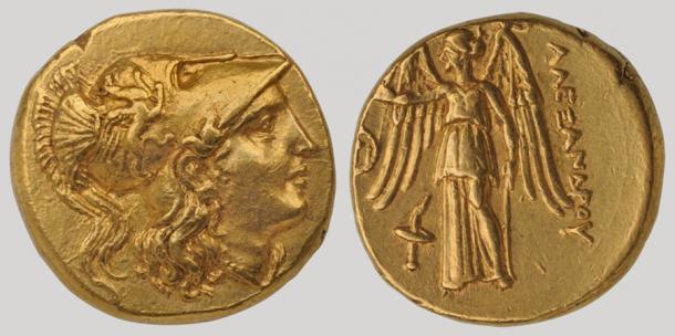 Gold coin minted in Sardes, a key city of Lydia, which by the time of Alexander the Great was a province of Persia. Alexander used Sardes for his mint. The coins depict Alexander the Great on the left and a winged Nike on the right crowning Alexander. (Courtesy of Collection Saroglou, Numismatic Museum of Athens / Hellenic Ministry of Culture and Sports, Archaeological Receipts Fund)