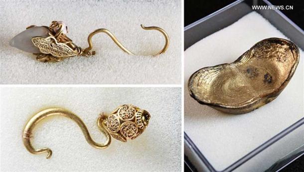 Golden ingot and jewelry unearthed during an archaeological excavation in southwest China's Sichuan Province, where more than 10,000 gold and silver items make up a treasure that sank to the bottom of a river over 300 years ago.