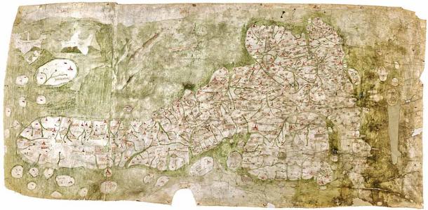 The Gough Map from 1360 AD, shows two islands off Cardigan Bay, which may be part of the lost Welsh Atlantis. Note: North is left; east is up. (Bodleian Library, Oxford / Public Domain)