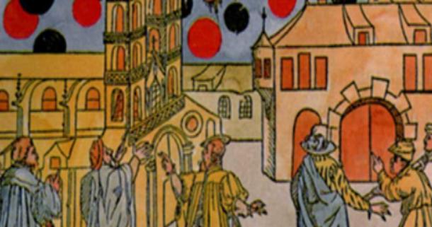 Hand-colored woodprint by Samuel Coccius, Basle Switzerland 1566. August 7th many black globes moved before the sun at great speed and seemed to be fighting. Was this an ancient UFO sighting or celestial event? (Public Domain)