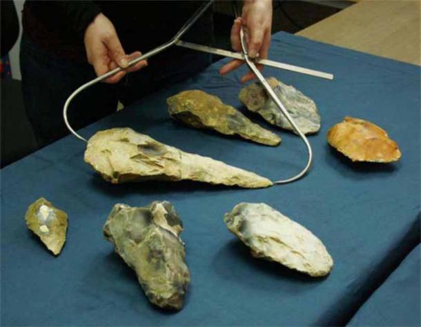 Handaxes, including a giant example discovered earlier this year. (( Archaeology South-East/ UCL )