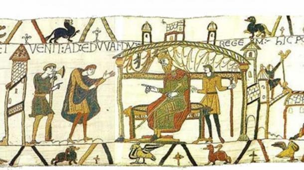 Harold meeting Edward shortly before his death, depicted in scene 25 of the Bayeux Tapestry. (Public Domain )