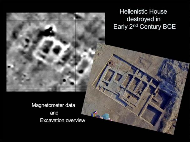 An image of a Hellenistic house made by a Magnetometer against an aerial picture of the site during excavation, which shows more detail. (Jay Silverstein, Author provided, no reuse)