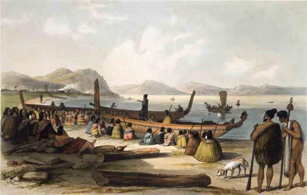 Hui Te Rangiora’s discovery of Antarctica would have relied on the great Maori “war canoes” like those shown here, which were measured to be 70 feet long by Augustus Earle in 1827-1828. (Earle, Augustus, 1793-1838 / Public domain)