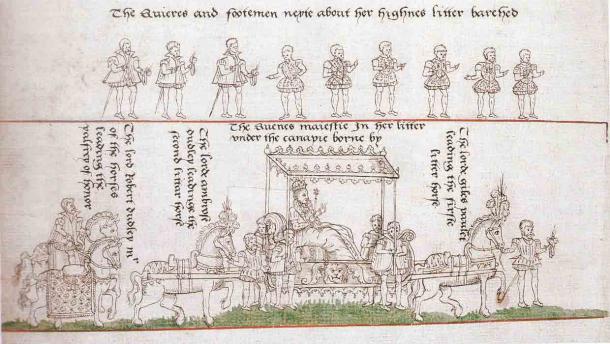 Procesiunea de încoronare a reginei Elisabeta I a Angliei, 1559 d.Hr., cu Robert Dudley în spate, considerată a fi cea mai înaltă poziție după regina însăși.  (Domeniu public)