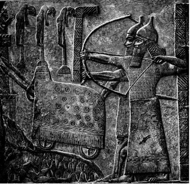 Illustration of Assyrian relief of Tiglath-Pileser III besieging a town. 