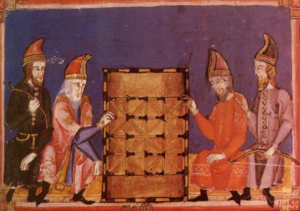 Illustration of alquerque being played, from ‘Libro de los juegos’ (13th century).