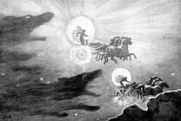 Illustration of the mythical Norse skywolves chasing the sun and moon. ‘The Wolves Pursuing Sol and Mani’ (1909)