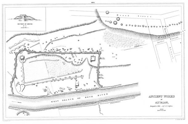 Ilustración del sitio de Aztalan según lo examinó en 1850 por IA Lapham.  (Dominio publico)
