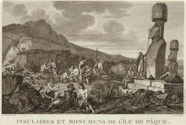 Ilustración realizada durante una expedición francesa a Isla de Pascua en 1786, titulada “Población de Isla de Pascua y Moai durante la visita de la expedición La Pérouse en 1786”.  (Dominio publico)