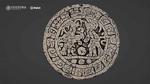 Illustration of the commemorative disc depicting an ancient Maya ball game. (INAH)