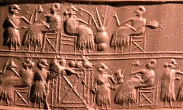 Impression of a Sumerian cylinder seal from the Early Dynastic IIIa period (ca. 2600 BC). Persons drinking beer are depicted in the upper row. (Cuneiform Digital Library Journal)