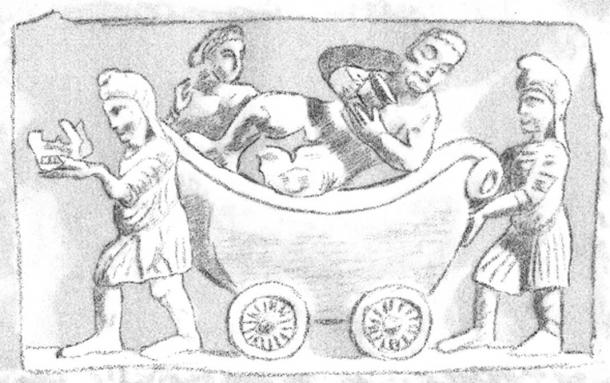 Indo-sciții împingând zeul grec Dyonisos cu Ariadna într-un car.  Gandhara