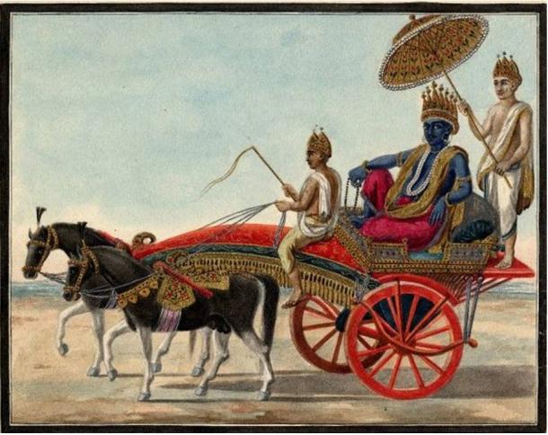 Watercolor painting on paper of Indradyumna seated in a carriage.