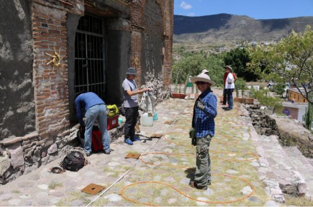 nstalling electrode plates for Electric Resistivity Tomography (ERT) scan of the Calvario Pyramid.