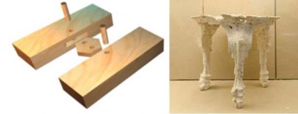 Joinery technique used for a Minoan ship hull (© Copyright Nik Aed) and plaster cast of the void left by a Minoan tripod table after the Thera eruption.