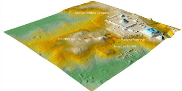 LIDAR view of the Tikal city center. The 6D-105 and 6D-106 sites are where the Teotihuacan replicas were later unearthed by the team of archaeologists. (T. Garrison/PACUNAM / Antiquity Publications Ltd)