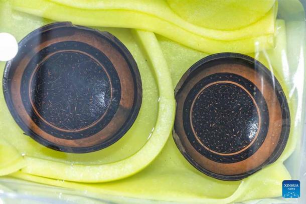 Laquerware recovered unearthed from a tomb dating back to the Western Han Dynasty (202 BC-25 AD) are seen in Wulong District of southwest China's Chongqing Municipality. (Chongqing Cultural Relics and Archaeology Research Institute/ Xinhua News)