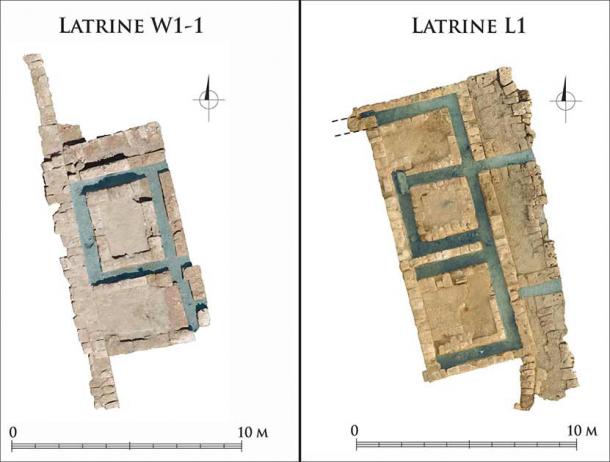 Letrinas L1 y W1-1 conectadas al malecón artificial.  La ubicación de las alcantarillas está marcada en azul (fotografías de M. Gwiazda; cortesía del Centro Polaco de Arqueología Mediterránea de la Universidad de Varsovia).  (Antigüedad)