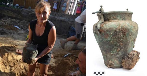 Left, Joanna Zagórska-Telega holding the freshly excavated intact Roman bronze vessel that held cremated remains. Right, the vessel. (Left; Michał Podsiadło, Right; Jakub Śliwa/Jagiellonian University)