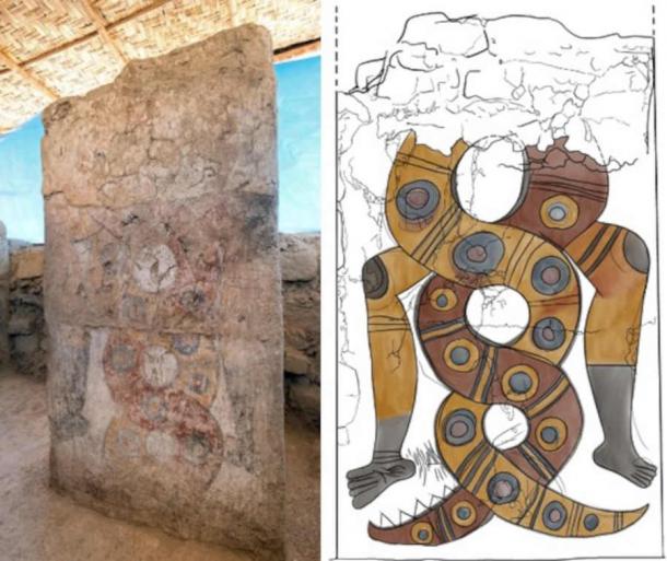 Left; Painted pillar int eh newly discovered Hall of the Braided Serpents. (Photograph by Rick Wicker.) Right; Digital illustration of one the painted pillar. (Image by Michele L. Koons, Jorja García, and Lisa Trever/ Pañamarca Digital and Denver Museum of Nature & Science)