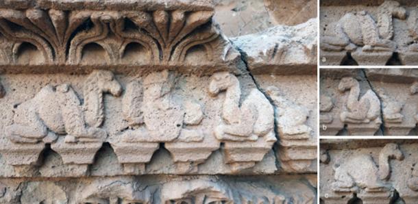 Left: Two-humped camels flanking a royal portrait in the center of the lintel. Right: Comparing the two-humped camels (a–b) with dromedaries (c) on the same lintel (Photograph courtesy of the Aliph-ISMEO project at Hatra / Antiquity Publications Ltd).