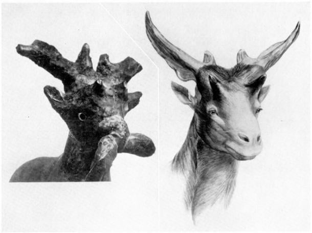 Left: Detailed view of the rein ring figurine found at Kish. Right: Reconstruction of the head of a Silvatherium giganteum. (Drawn by Margaret Matthew Colbert.) (Edwin H. Colbert)