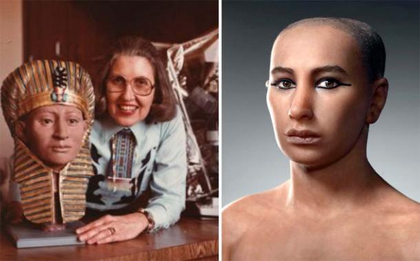 Left, Pat Gatliff with her 1984 rendering of Tutankhamun. Right, 2005 Reconstruction by the Egyptian Team, based on a CT scan. (Left, Courtesy of Florida Gulf Coast University Library Archives and Special Collections, Florida Gulf Coast University. Right, Supreme Council of Antiquities and National Geographic Society, 2005)